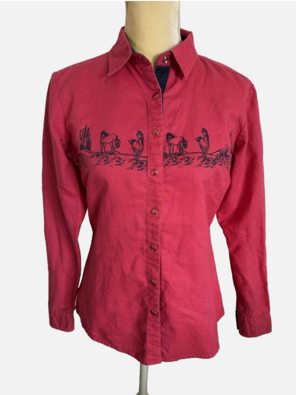 Vintage WRANGLER BLUES Red Pearl Snap Shirt Small Horse Print Cowboy